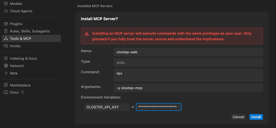 Cursor plugin install prompt with API key